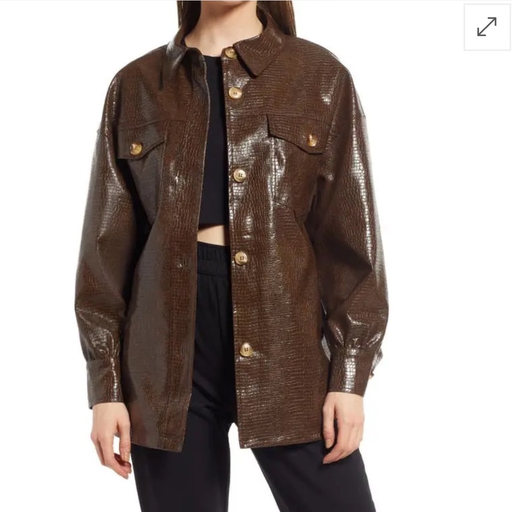 Brown Faux Leather Croc-Embossed Shirt Jacket - M
